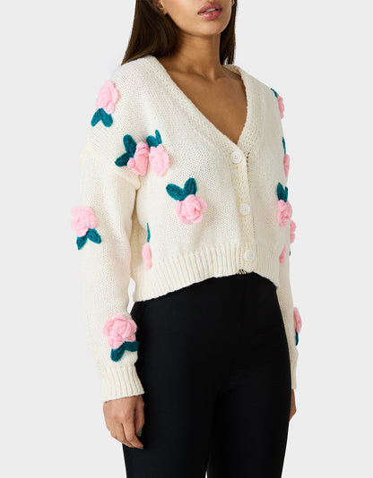 Betsey Johnson ROSETTE CARDIGAN CREAM Women's V-Neck Cardigan Floral Sweater