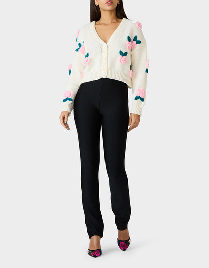 Betsey Johnson ROSETTE CARDIGAN CREAM Women's V-Neck Cardigan Floral Sweater