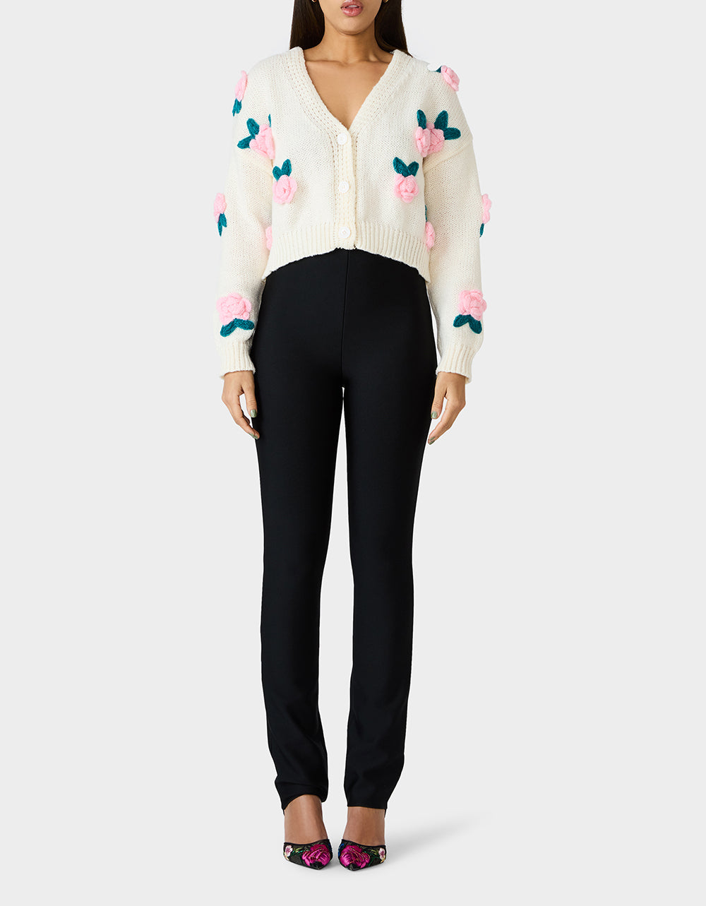 Betsey Johnson ROSETTE CARDIGAN CREAM Women's V-Neck Cardigan Floral Sweater