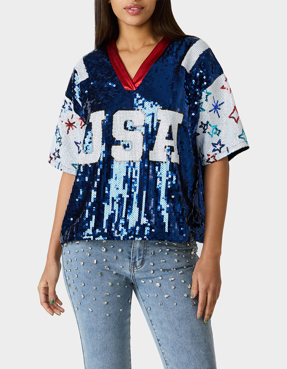 Betsey Johnson USA JERSEY BLUE Women's Red White and Blue USA Sequin Jersey