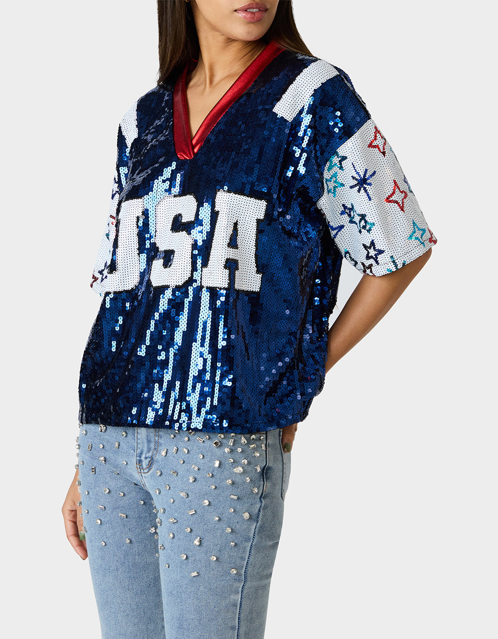 Betsey Johnson USA JERSEY BLUE Women's Red White and Blue USA Sequin Jersey