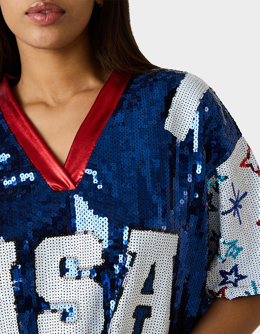 Betsey Johnson USA JERSEY BLUE Women's Red White and Blue USA Sequin Jersey