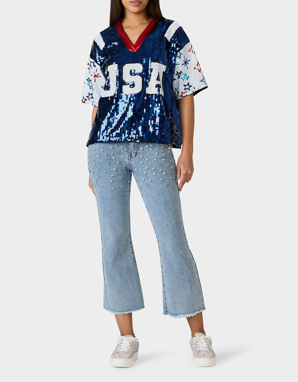 Betsey Johnson USA JERSEY BLUE Women's Red White and Blue USA Sequin Jersey