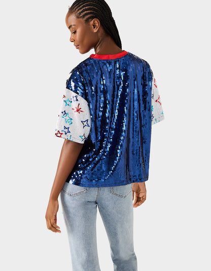 Betsey Johnson USA JERSEY BLUE Women's Red White and Blue USA Sequin Jersey