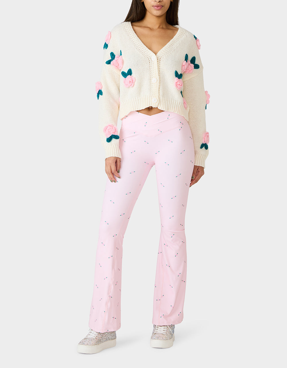 Betsey Johnson ROSE PRINT CROSSOVER LEGGINGS PINK ROSE Women's Floral Crossover Activewear Legging