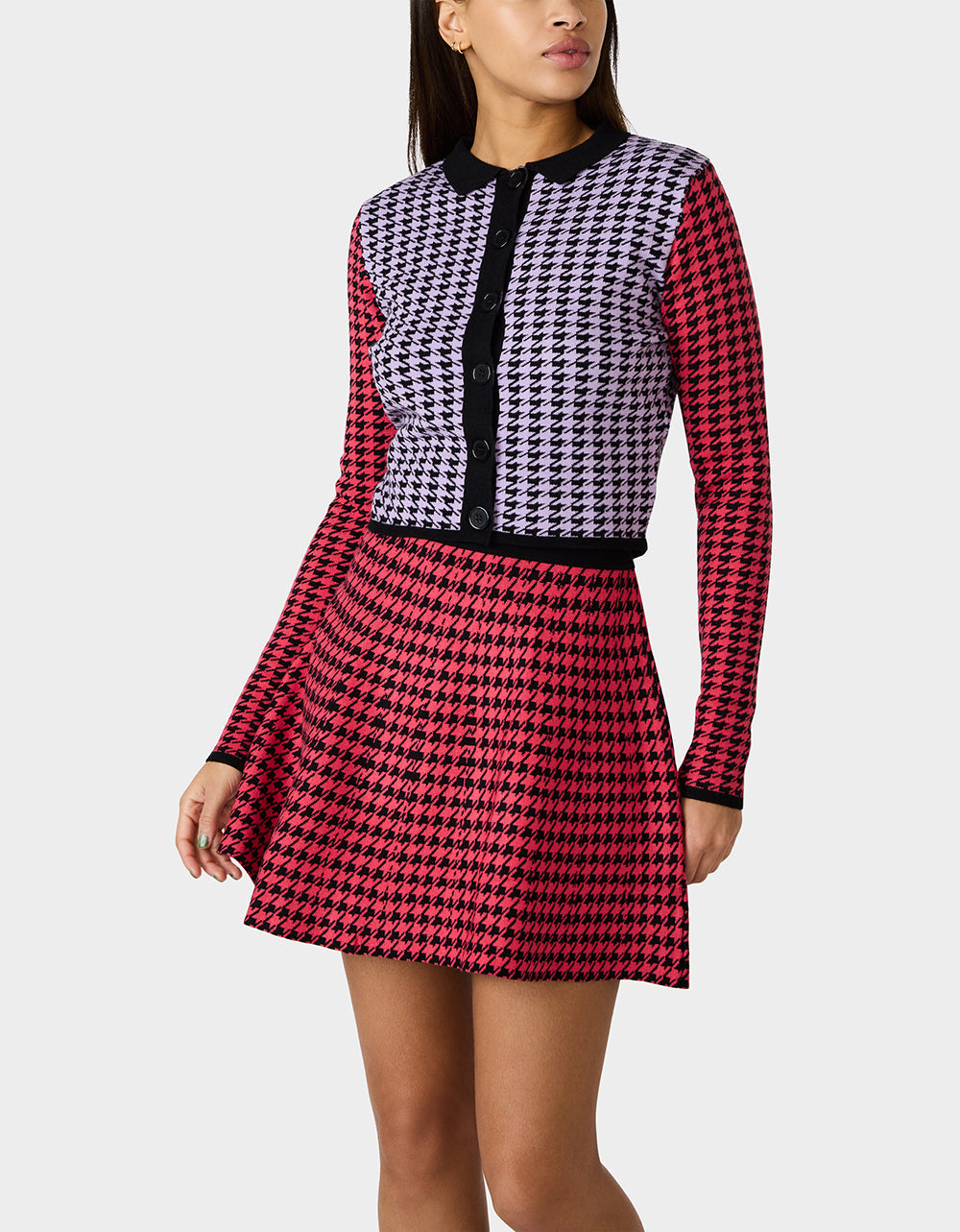 Betsey Johnson HOT IN HOUNDSTOOTH SET PINK MULTI Women's Pink and Purple Houndstooth Top and Skirt set