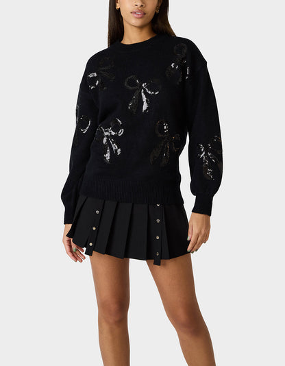 Betsey Johnson SEQUIN BOW SWEATER BLACK Women's Bow Print Black Cozy Sweater