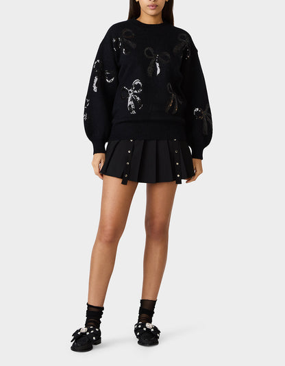 Betsey Johnson SEQUIN BOW SWEATER BLACK Women's Bow Print Black Cozy Sweater
