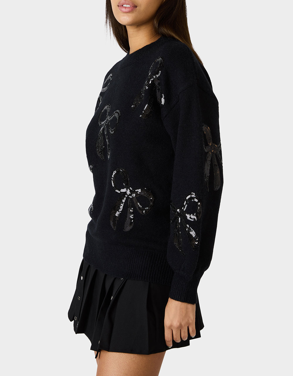 Betsey Johnson SEQUIN BOW SWEATER BLACK Women's Bow Print Black Cozy Sweater
