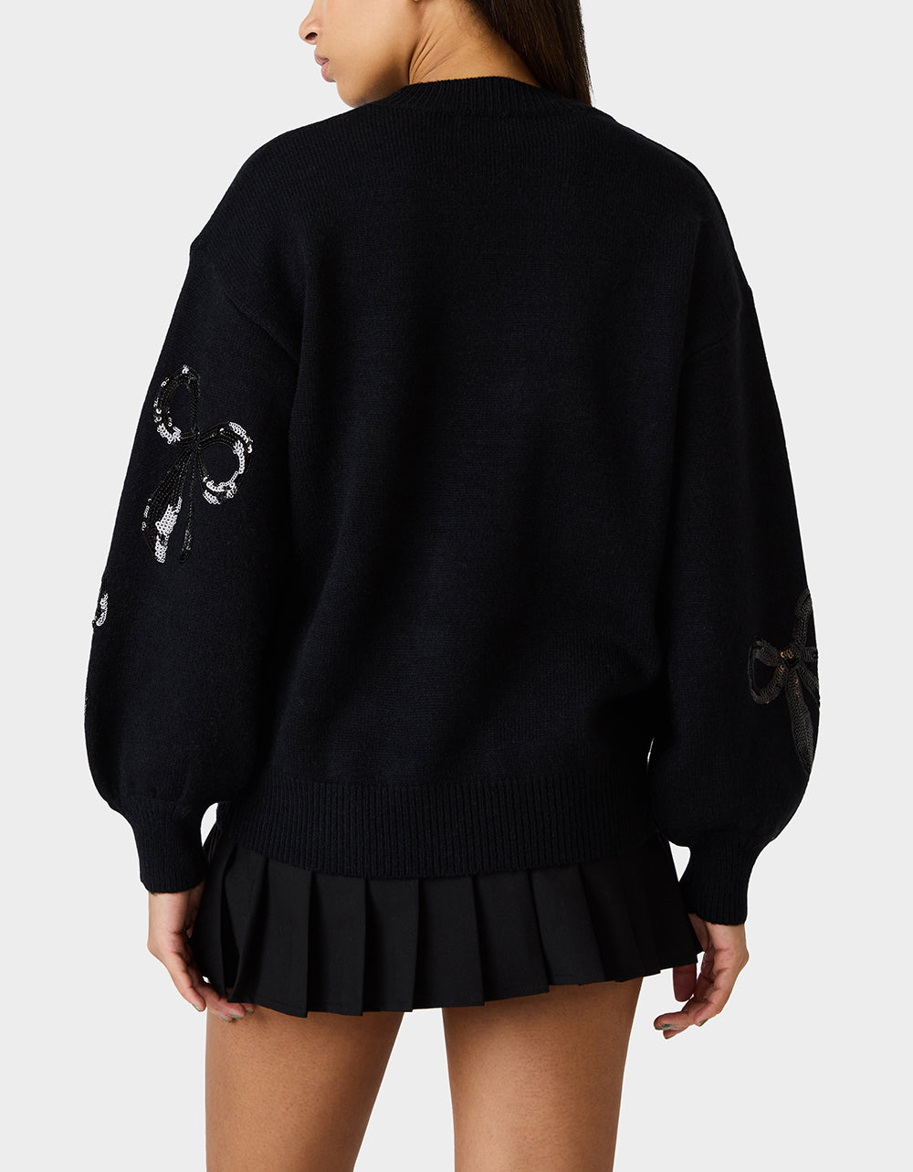 Betsey Johnson SEQUIN BOW SWEATER BLACK Women's Bow Print Black Cozy Sweater