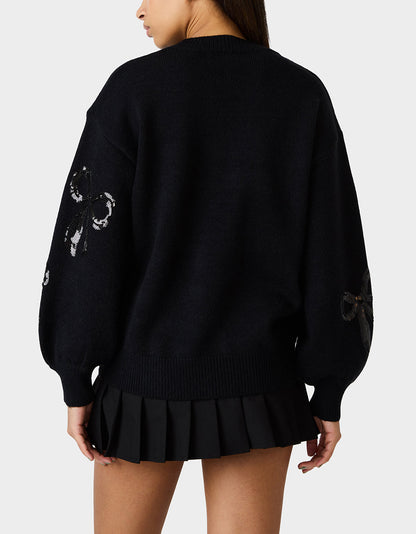 Betsey Johnson SEQUIN BOW SWEATER BLACK Women's Bow Print Black Cozy Sweater