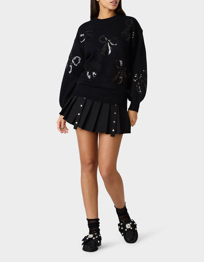 Betsey Johnson SEQUIN BOW SWEATER BLACK Women's Bow Print Black Cozy Sweater