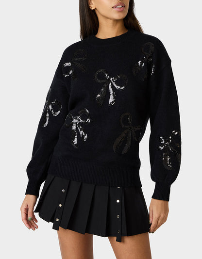 Betsey Johnson SEQUIN BOW SWEATER BLACK Women's Bow Print Black Cozy Sweater