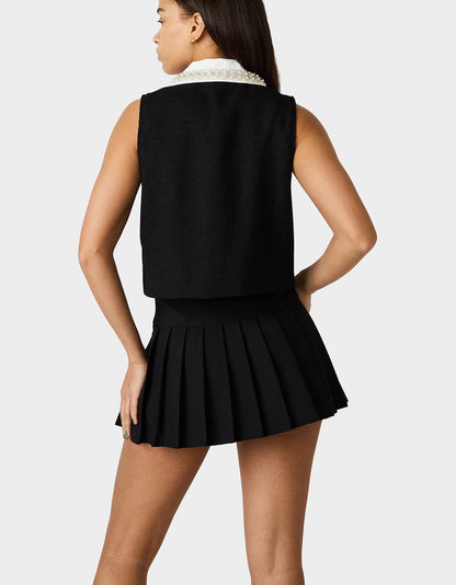 Betsey Johnson LUSTER NOIR TOP BLACK Women's Pearl Embellished Collar Black Sleeveless Top