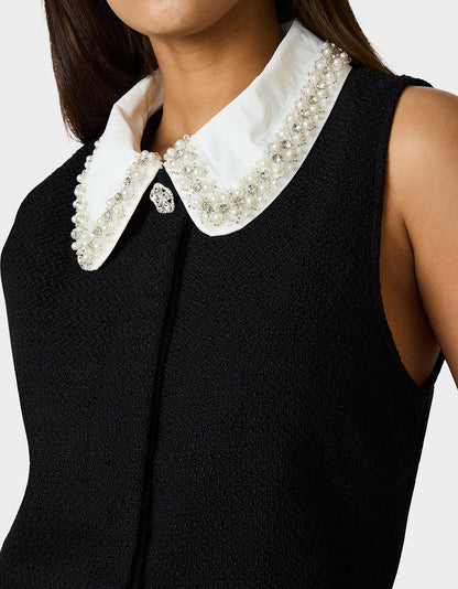 Betsey Johnson LUSTER NOIR TOP BLACK Women's Pearl Embellished Collar Black Sleeveless Top