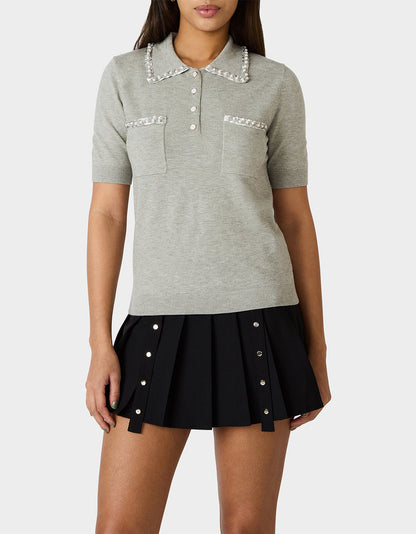 Betsey Johnson POLISHED IN PEARLS POLO HEATHER GREY Women's Grey Pearl Embellished Short Sleeve Polo Shirt