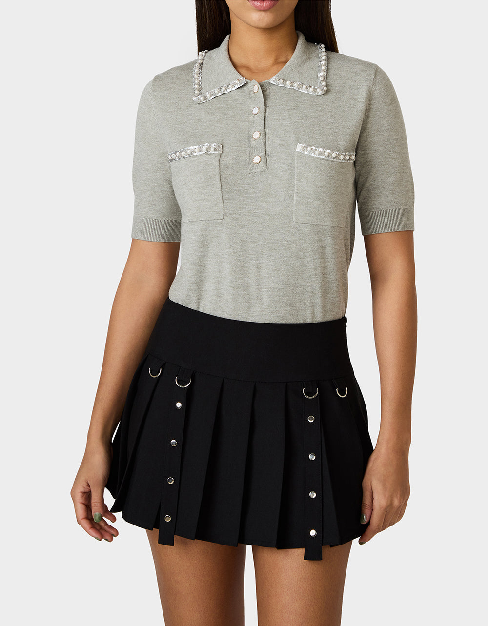 Betsey Johnson POLISHED IN PEARLS POLO HEATHER GREY Women's Grey Pearl Embellished Short Sleeve Polo Shirt