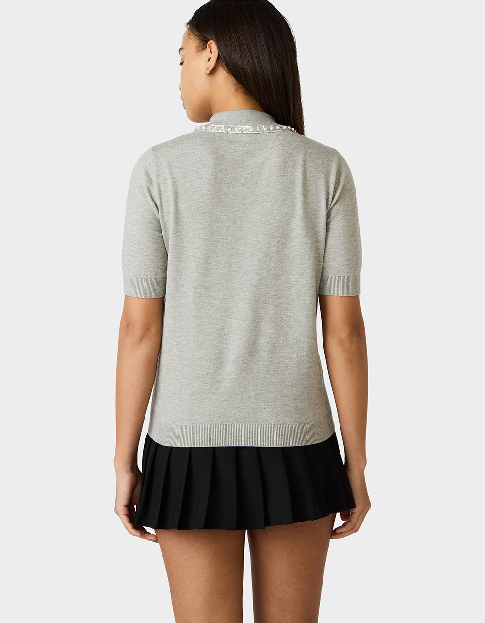 Betsey Johnson POLISHED IN PEARLS POLO HEATHER GREY Women's Grey Pearl Embellished Short Sleeve Polo Shirt