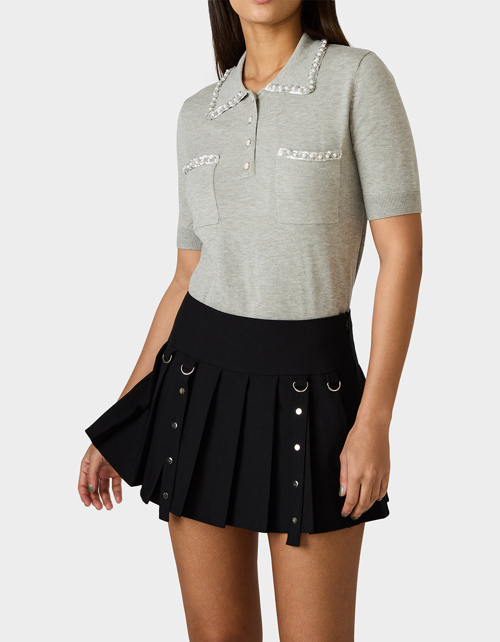 Betsey Johnson POLISHED IN PEARLS POLO HEATHER GREY Women's Grey Pearl Embellished Short Sleeve Polo Shirt