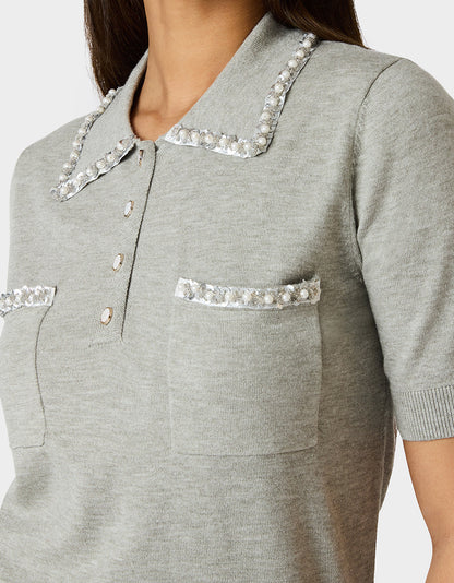Betsey Johnson POLISHED IN PEARLS POLO HEATHER GREY Women's Grey Pearl Embellished Short Sleeve Polo Shirt