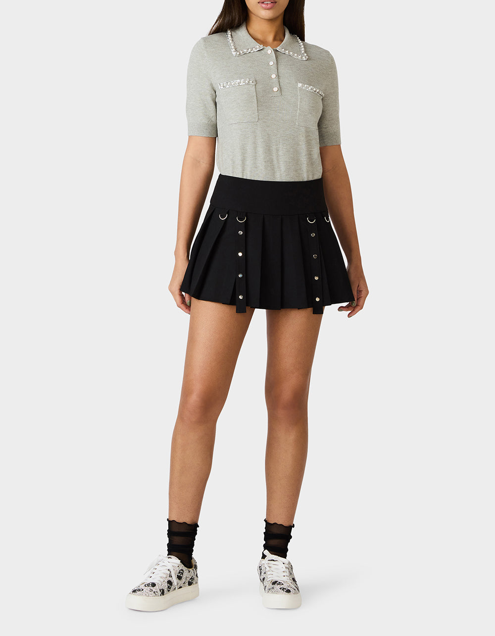Betsey Johnson POLISHED IN PEARLS POLO HEATHER GREY Women's Grey Pearl Embellished Short Sleeve Polo Shirt