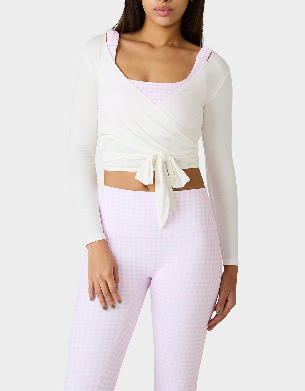 Betsey Johnson LONG SLEEVE V NECK WRAP TOP WHITE Women's White Activewear Wrap Long Sleeve Top