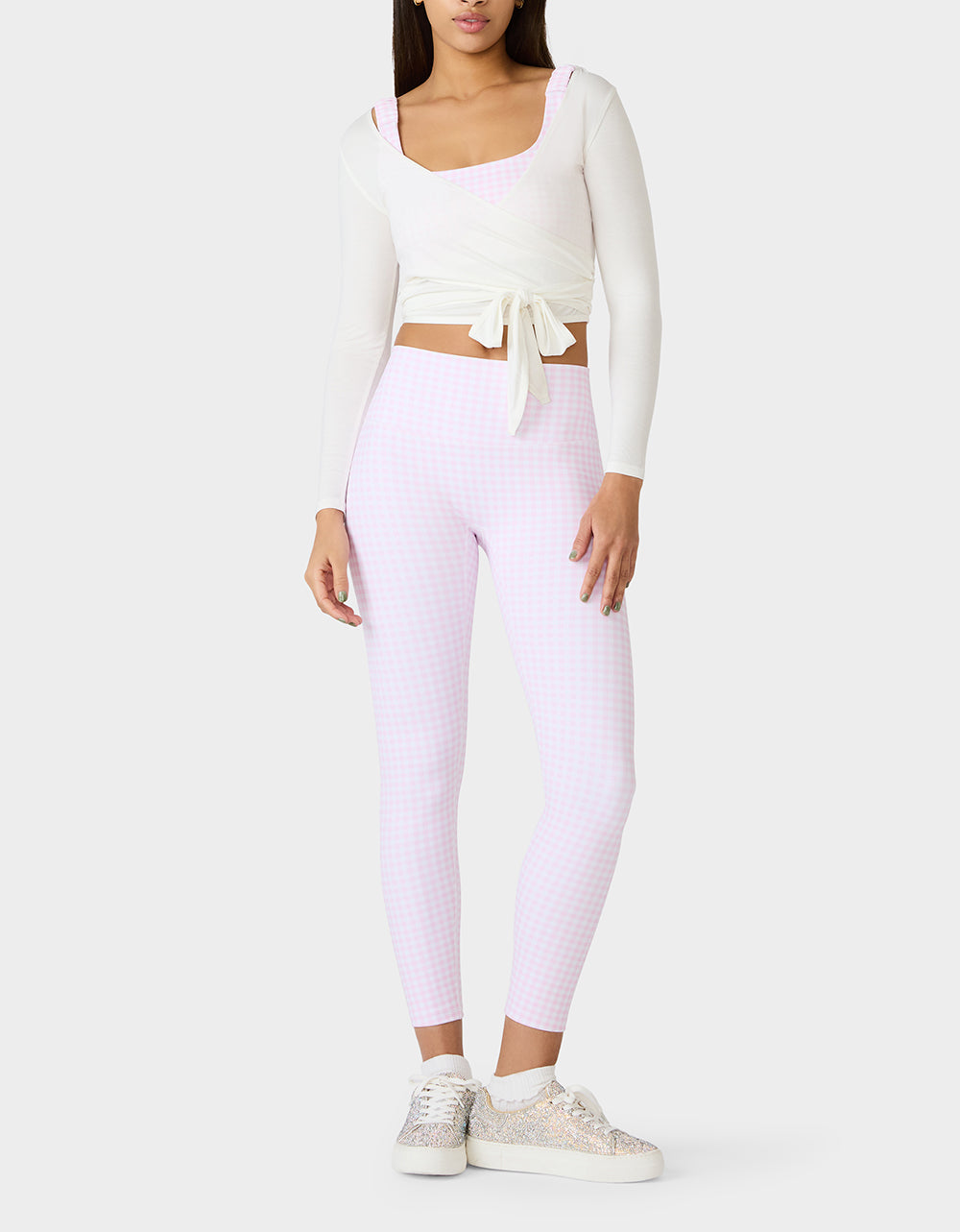 Betsey Johnson LONG SLEEVE V NECK WRAP TOP WHITE Women's White Activewear Wrap Long Sleeve Top