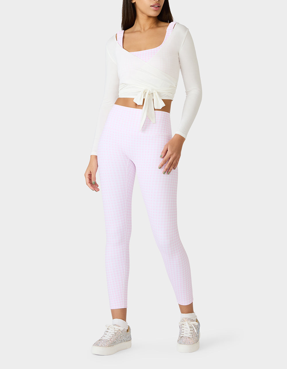 Betsey Johnson LONG SLEEVE V NECK WRAP TOP WHITE Women's White Activewear Wrap Long Sleeve Top