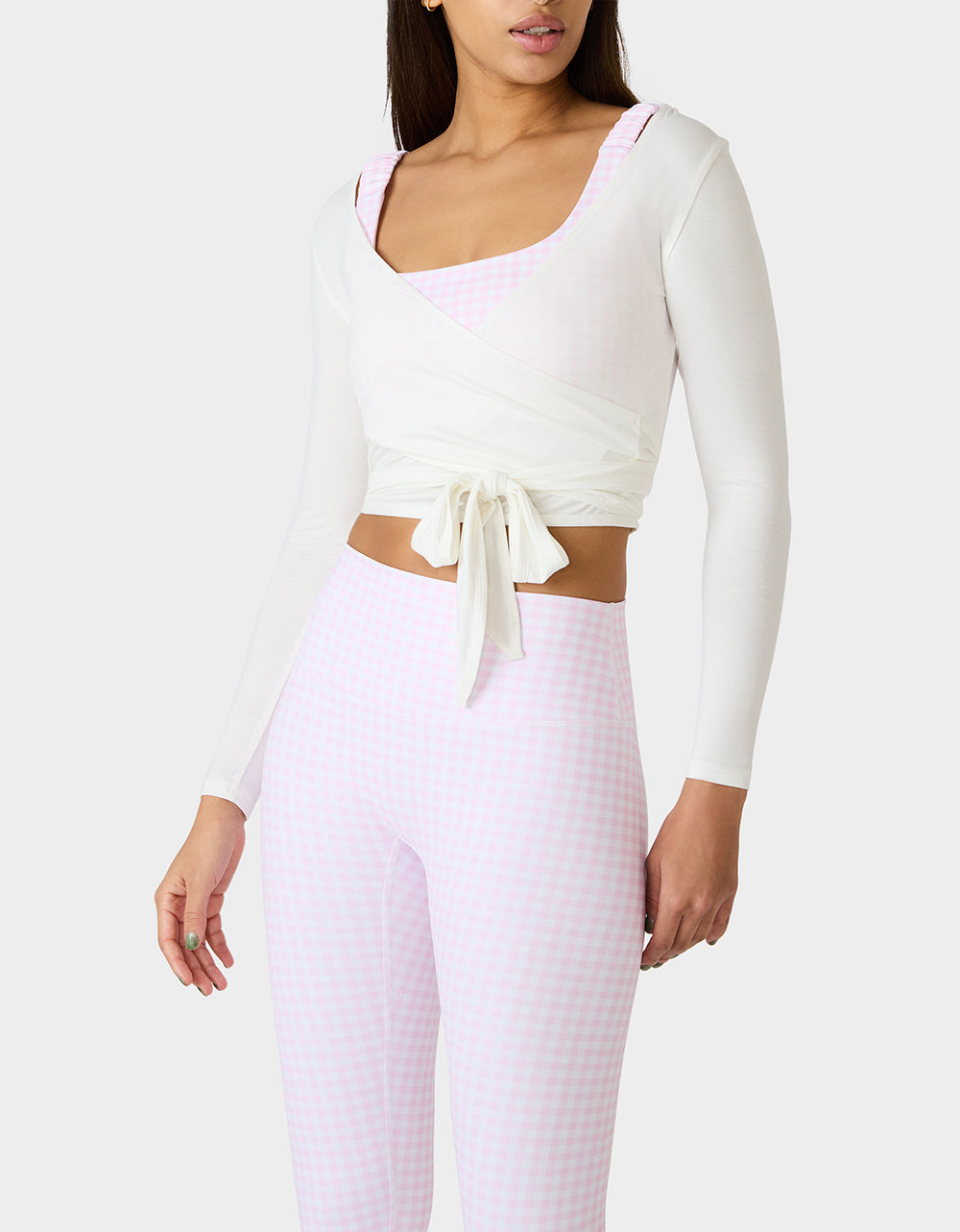 Betsey Johnson LONG SLEEVE V NECK WRAP TOP WHITE Women's White Activewear Wrap Long Sleeve Top