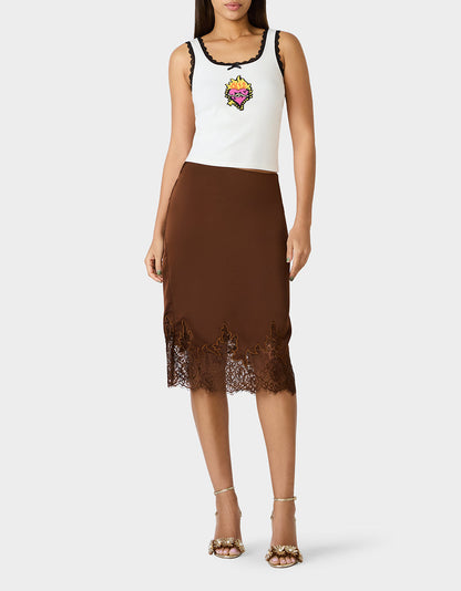Betsey Johnson LACE SLIP SKIRT BROWN Women's Brown Midi Slip Skirt with Lace Trim