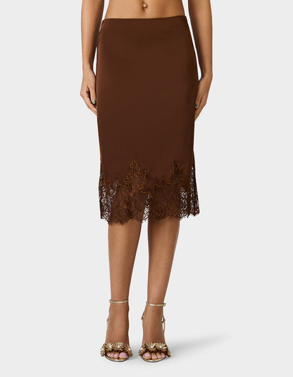 Betsey Johnson LACE SLIP SKIRT BROWN Women's Brown Midi Slip Skirt with Lace Trim