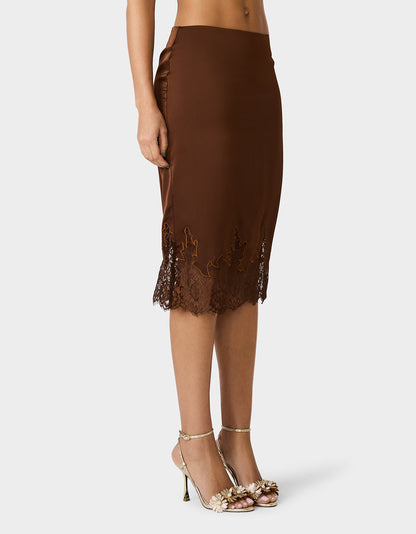 Betsey Johnson LACE SLIP SKIRT BROWN Women's Brown Midi Slip Skirt with Lace Trim