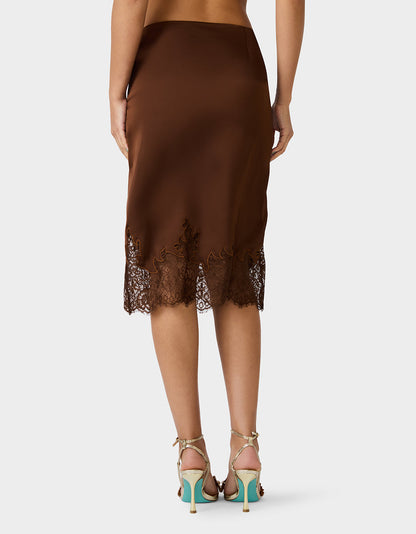 Betsey Johnson LACE SLIP SKIRT BROWN Women's Brown Midi Slip Skirt with Lace Trim