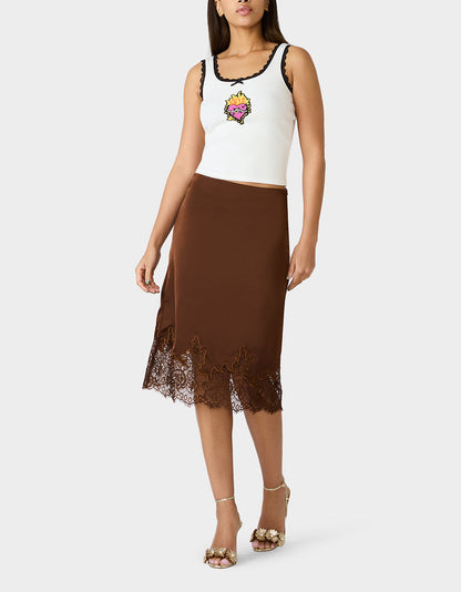 Betsey Johnson LACE SLIP SKIRT BROWN Women's Brown Midi Slip Skirt with Lace Trim