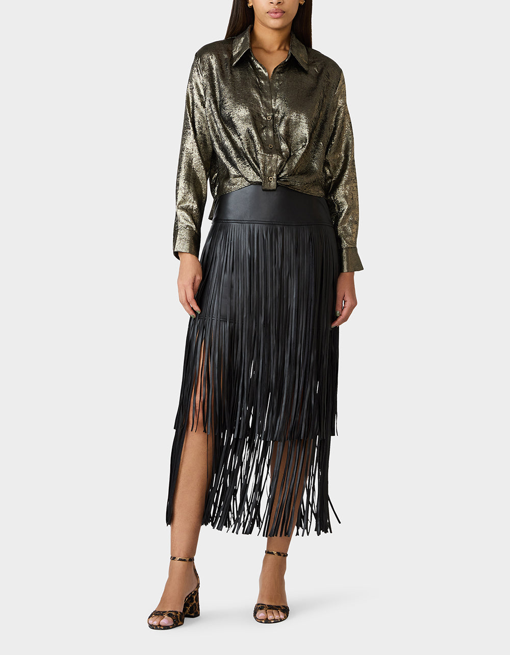 Betsey Johnson GOLD RUSH TOP BLACK/GOLD Women's Brushed Long Sleeve Button Down Top