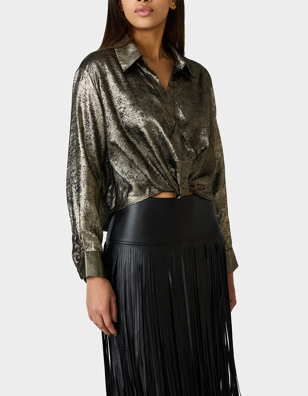 Betsey Johnson GOLD RUSH TOP BLACK/GOLD Women's Brushed Long Sleeve Button Down Top