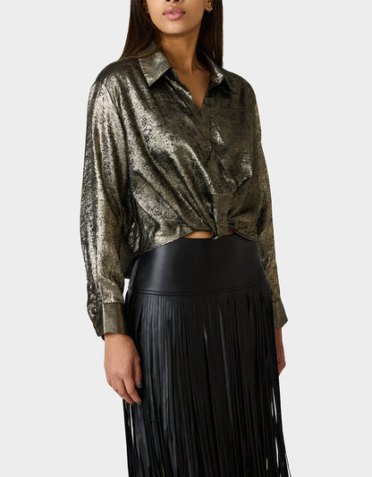 Betsey Johnson GOLD RUSH TOP BLACK/GOLD Women's Brushed Long Sleeve Button Down Top