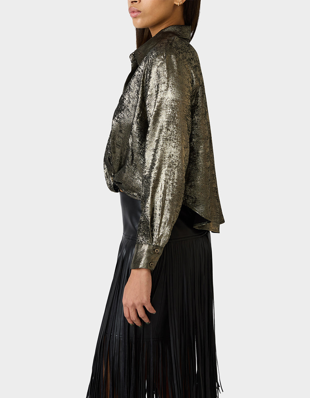 Betsey Johnson GOLD RUSH TOP BLACK/GOLD Women's Brushed Long Sleeve Button Down Top