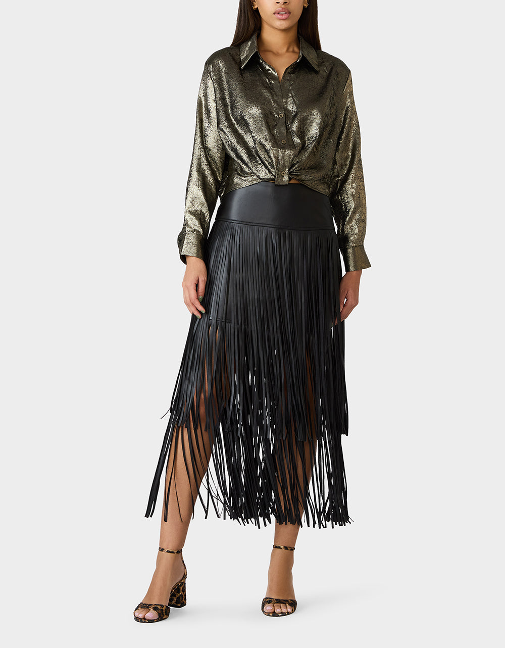 Betsey Johnson GOLD RUSH TOP BLACK/GOLD Women's Brushed Long Sleeve Button Down Top
