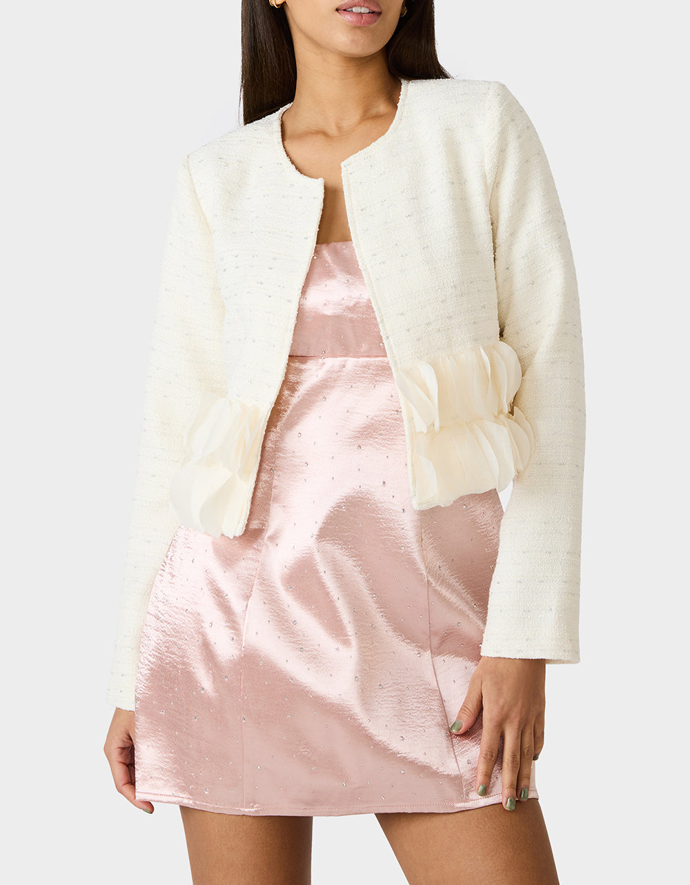 Betsey Johnson RUUFLE SOCIETY BLAZER CREAM Women's Cream Ruffle Trim Jacket