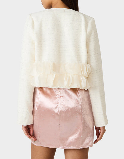Betsey Johnson RUUFLE SOCIETY BLAZER CREAM Women's Cream Ruffle Trim Jacket