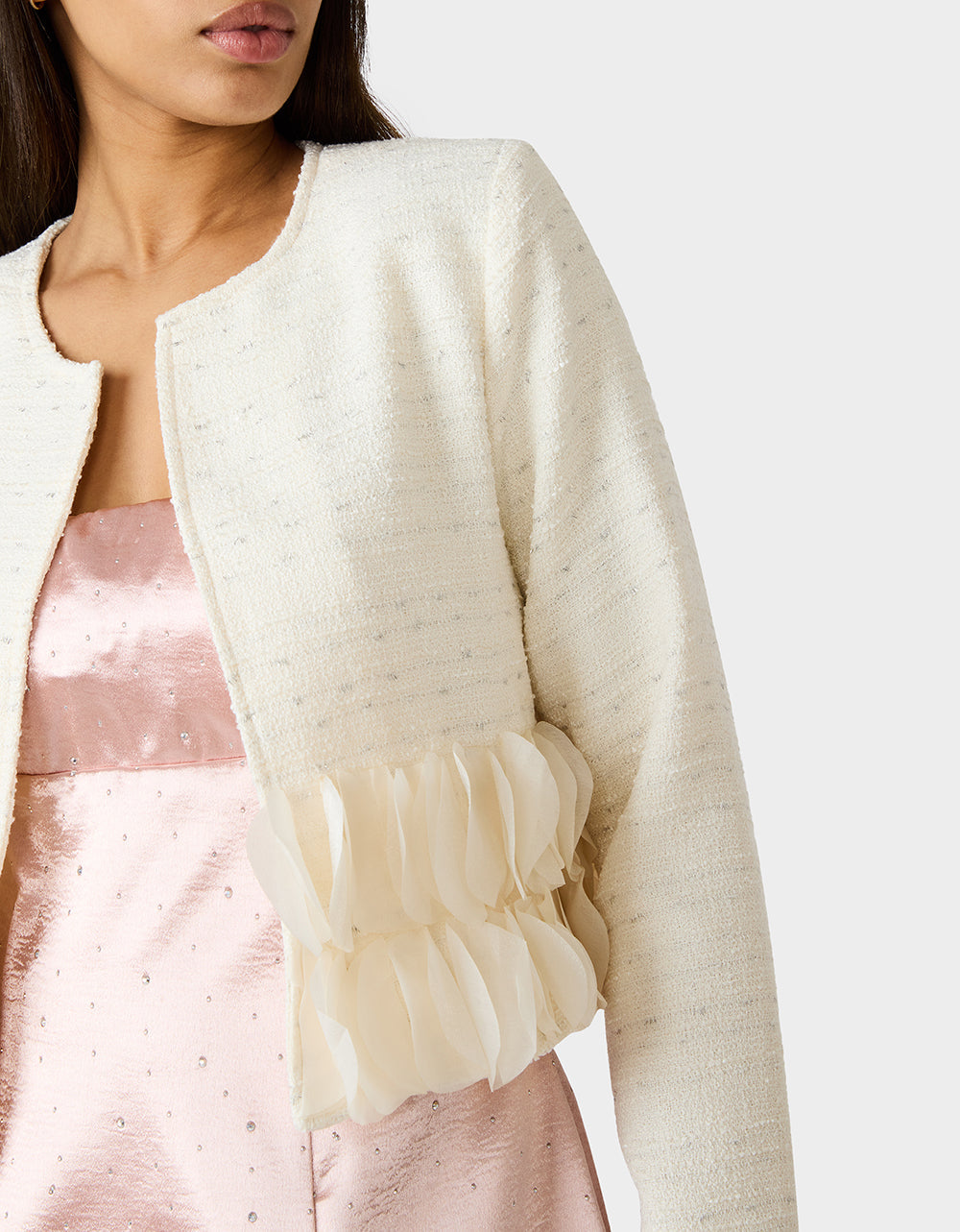 Betsey Johnson RUUFLE SOCIETY BLAZER CREAM Women's Cream Ruffle Trim Jacket