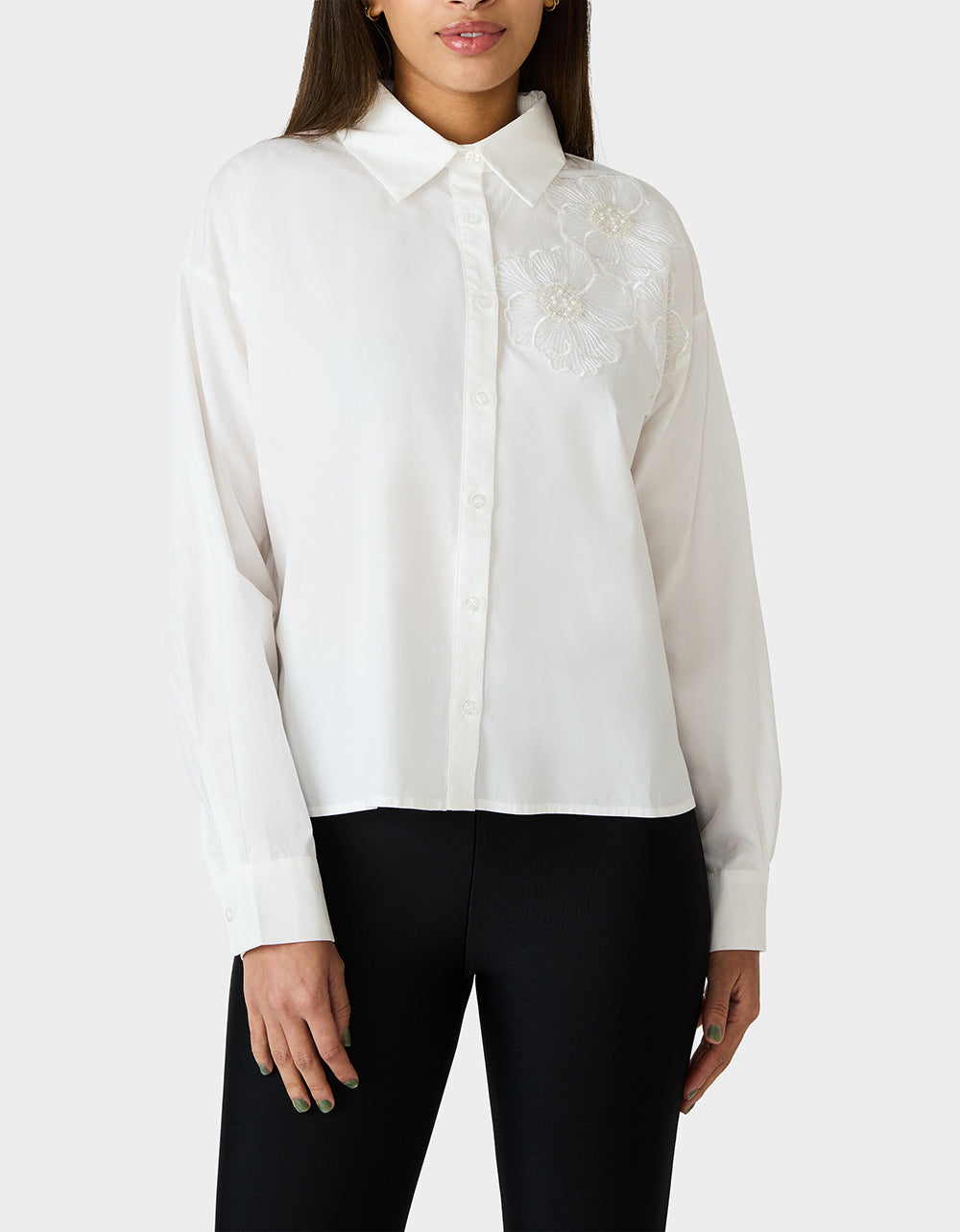 Betsey Johnson BETSEY BLOOM SHIRT OFF WHITE Button-Down Collar Floral Long-Sleeve Shirt