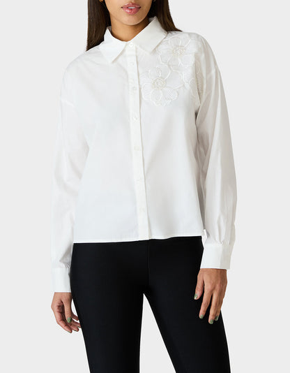Betsey Johnson BETSEY BLOOM SHIRT OFF WHITE Button-Down Collar Floral Long-Sleeve Shirt