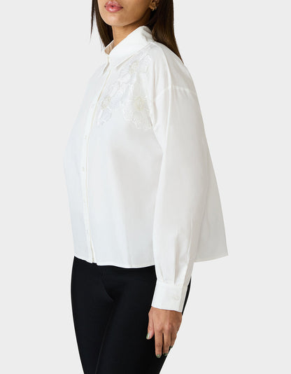 Betsey Johnson BETSEY BLOOM SHIRT OFF WHITE Button-Down Collar Floral Long-Sleeve Shirt