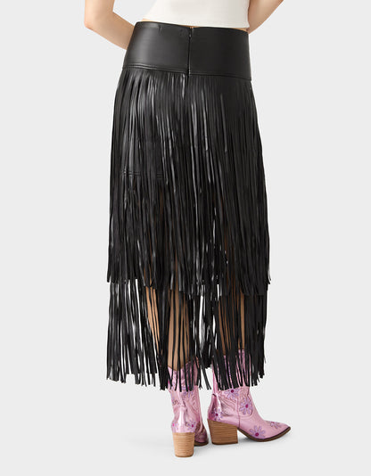 Betsey Johnson MIDNIGHT RODEO SKIRT BLACK Women's Fringe Maxi Skirt