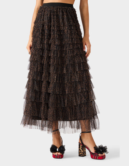 Betsey Johnson RUFFLED MAXI SKIRT LEOAPRD Women's Tiered Tulle Leopard Maxi Skirt