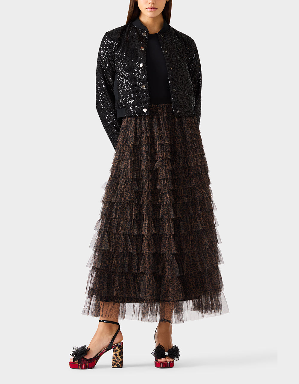 Betsey Johnson RUFFLED MAXI SKIRT LEOAPRD Women's Tiered Tulle Leopard Maxi Skirt
