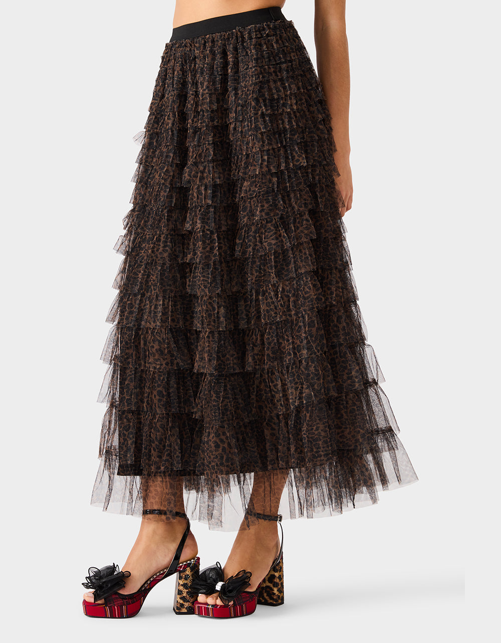 Betsey Johnson RUFFLED MAXI SKIRT LEOAPRD Women's Tiered Tulle Leopard Maxi Skirt