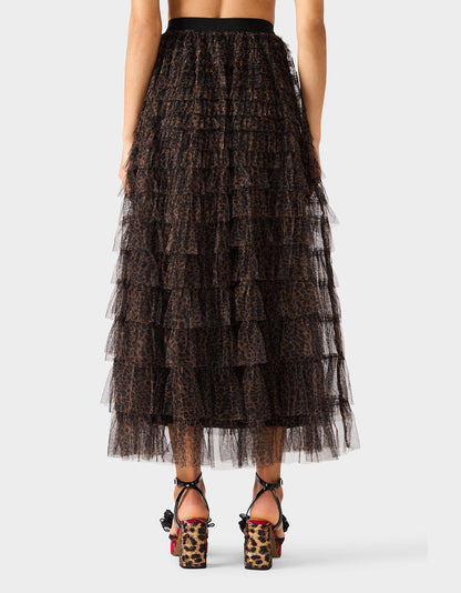 Betsey Johnson RUFFLED MAXI SKIRT LEOAPRD Women's Tiered Tulle Leopard Maxi Skirt